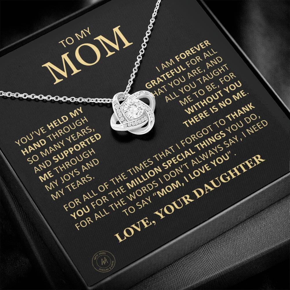 Beautiful Gift for Mom From Daughter "Without You There Is No Me" Knot Necklace Jewelry 14K White Gold Finish Two-Toned Gift Box 
