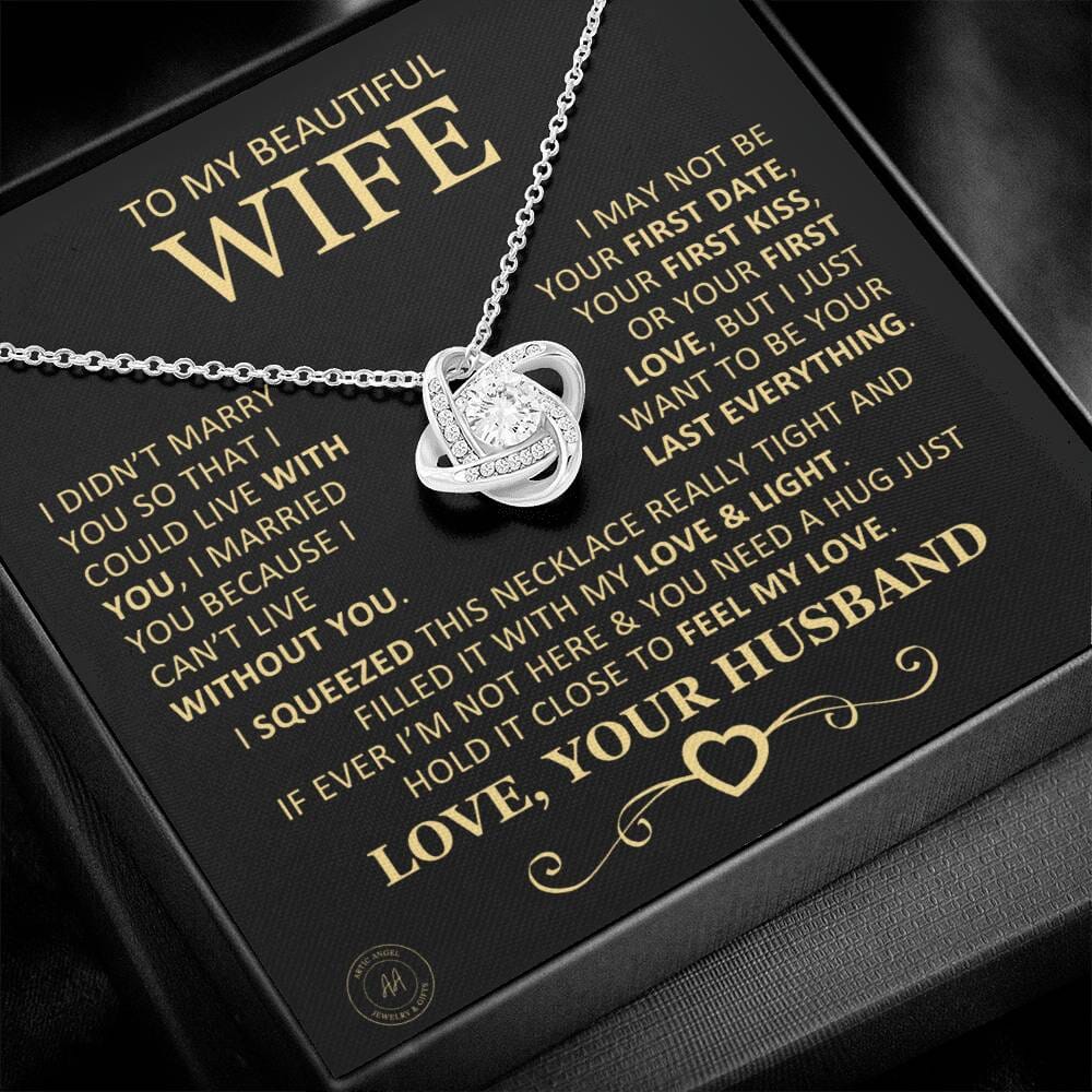 Unique Gift for Wife "I Can't Live Without You" Knot Necklace Jewelry 14K White Gold Finish Two-Toned Gift Box 
