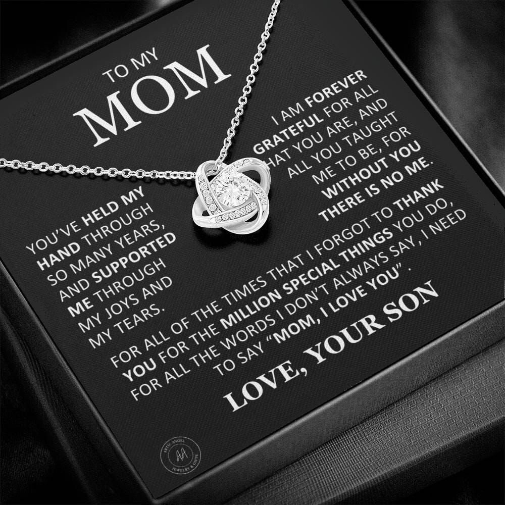Beautiful Gift for Mom From Son "Without You There Is No Me" Knot Necklace Jewelry 14K White Gold Finish Two-Toned Gift Box 