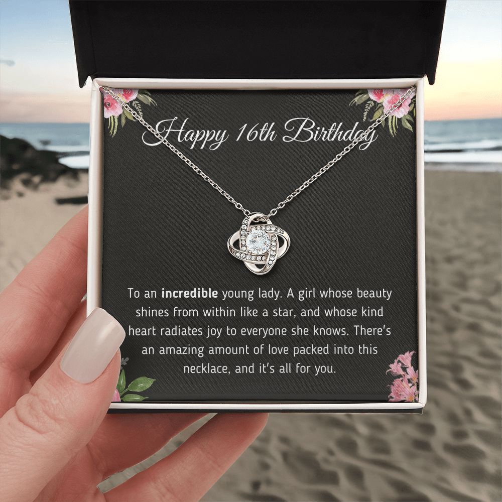 Happy 16th Birthday "Incredible Young Lady" Love Knot Necklace Jewelry 