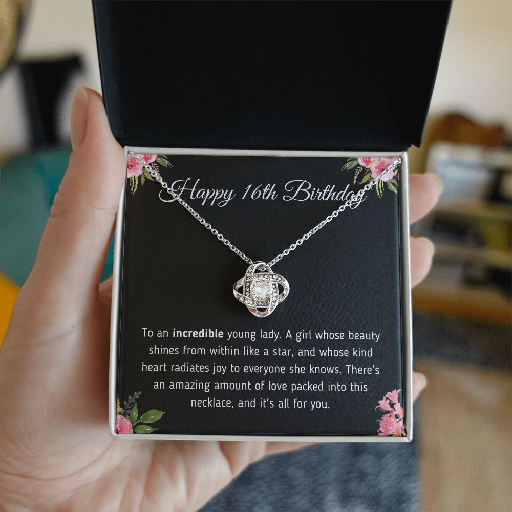 Happy 16th Birthday "Incredible Young Lady" Love Knot Necklace Jewelry 