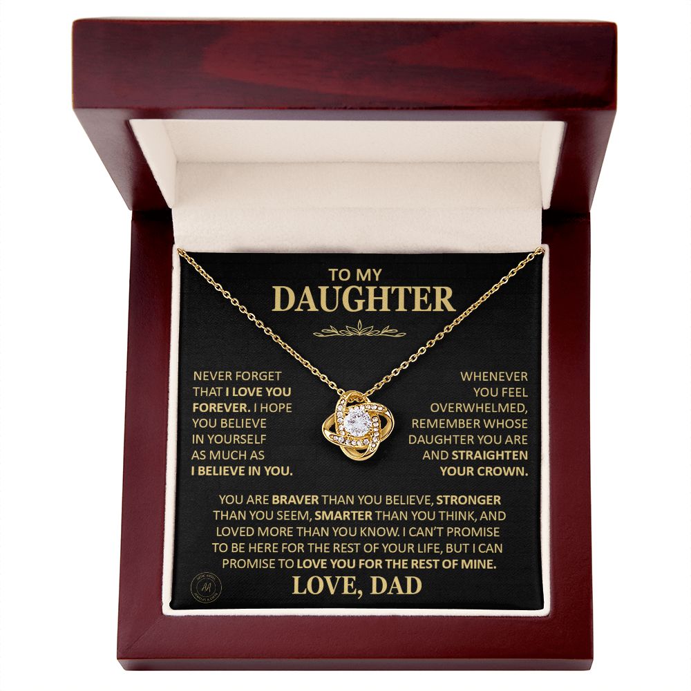 Beautiful Gift for Daughter From Dad "Never Forget That I Love You" Love Knot Necklace Jewelry 18K Yellow Gold Finish Mahogany Style Luxury Box (w/LED) 