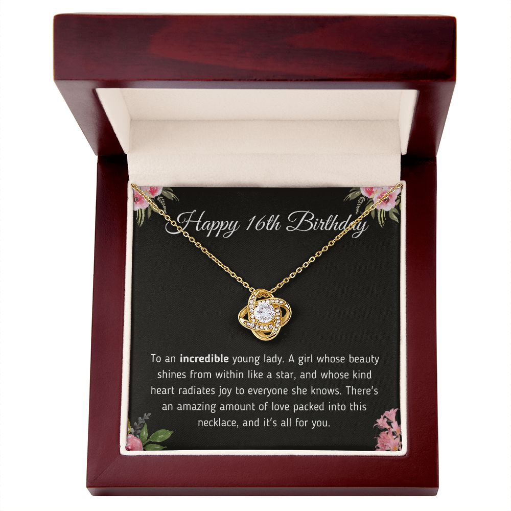 Happy 16th Birthday "Incredible Young Lady" Love Knot Necklace Jewelry 18K Yellow Gold Finish Mahogany Style Luxury Box (w/LED) 