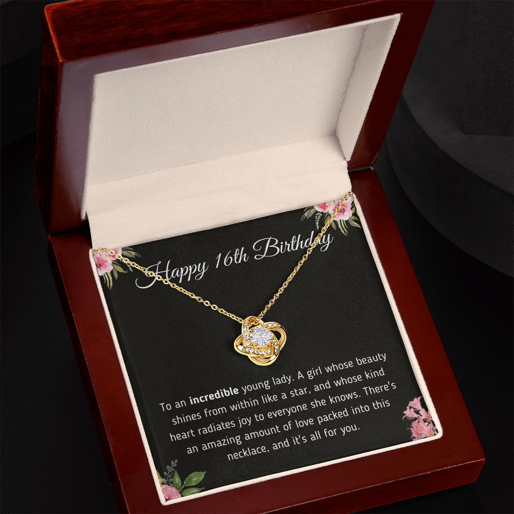 Happy 16th Birthday "Incredible Young Lady" Love Knot Necklace Jewelry 