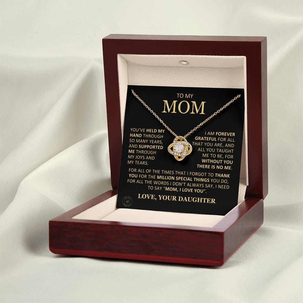 Beautiful Gift for Mom From Daughter "Without You There Is No Me" Knot Necklace Jewelry 18K Yellow Gold Finish Mahogany Style Luxury Box (w/LED) 