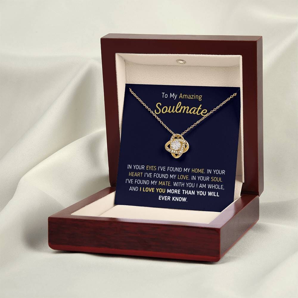 Unique Soulmate Gift "To My Amazing Soulmate - In Your Eyes I've Found My Home" Knot Necklace Jewelry 18K Yellow Gold Finish Mahogany Style Luxury Box (w/LED) 