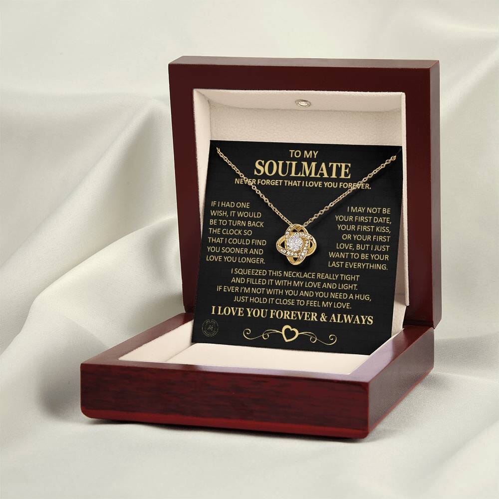 Gift for Soulmate "If I Had One Wish" Gold Knot Necklace Jewelry 18K Yellow Gold Finish Mahogany Style Luxury Box w/ LED Light (Most Popular) 