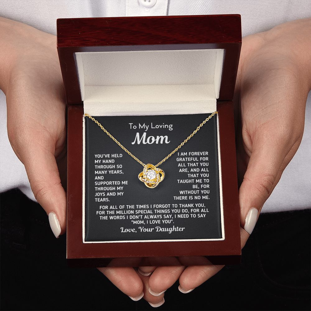 Gift for Mom From Daughter - "Without You There Is No Me" Gold Knot Necklace Jewelry 18K Yellow Gold Finish Mahogany Style Luxury Box (w/LED) 