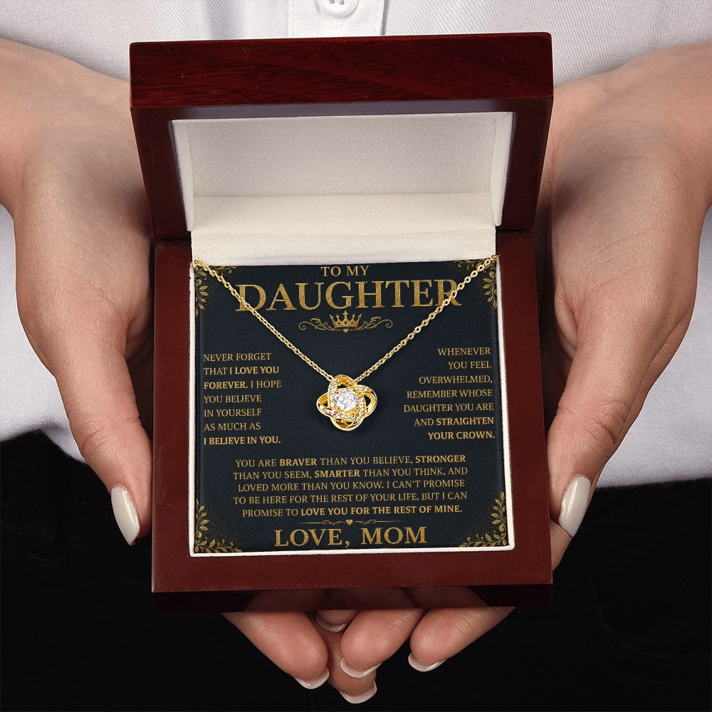 To My Daughter “Straighten Your Crown” Knot Necklace Gift From Mom Jewelry 18K Yellow Gold Finish Mahogany Style Luxury Box (w/LED) 