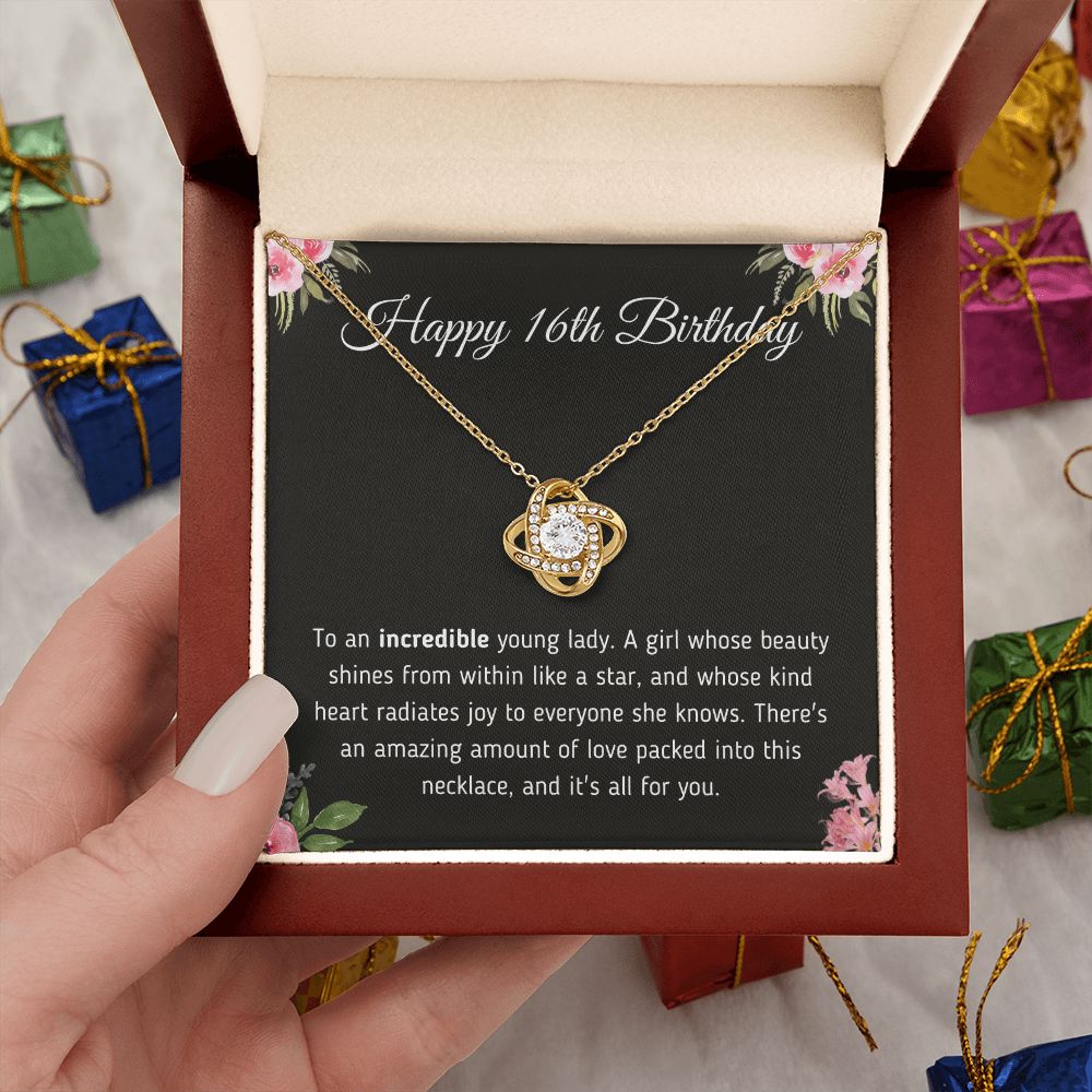 Happy 16th Birthday "Incredible Young Lady" Love Knot Necklace Jewelry 