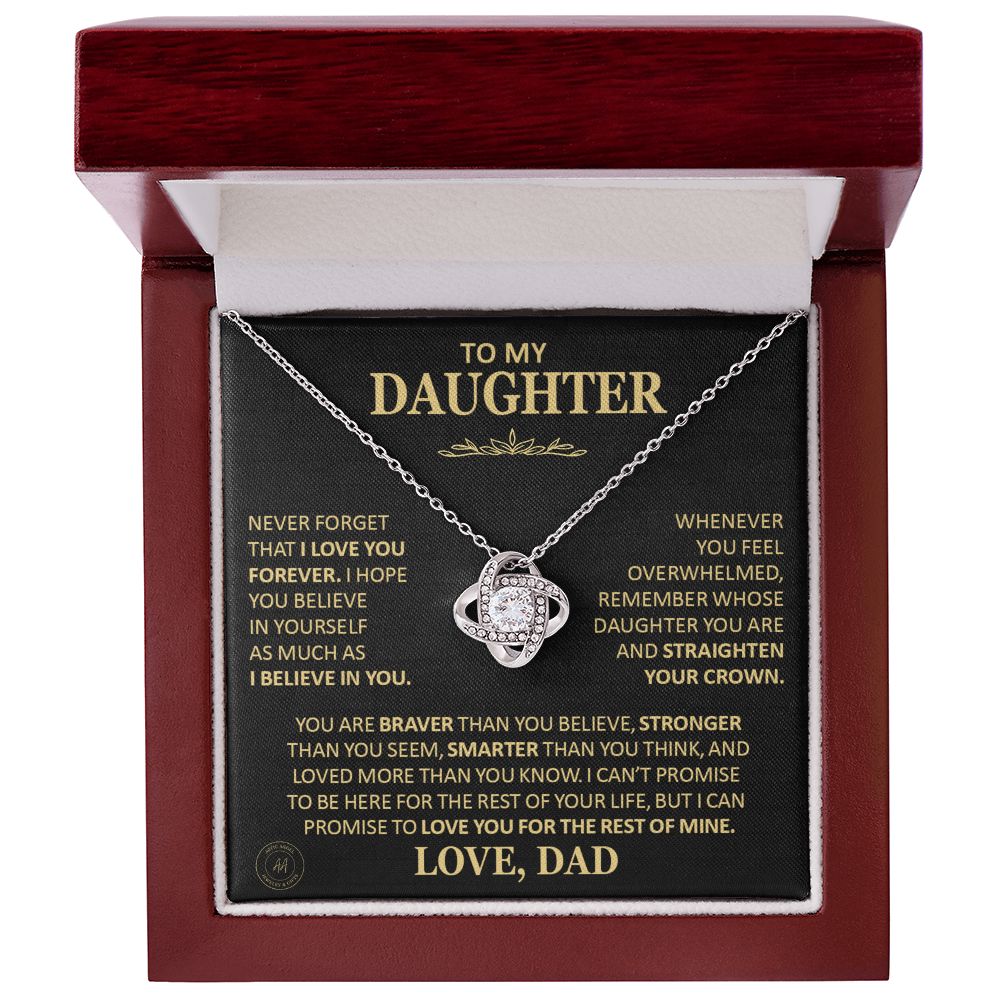 Beautiful Gift for Daughter From Dad "Never Forget That I Love You" Love Knot Necklace Jewelry 14K White Gold Finish Mahogany Style Luxury Box (w/LED) 