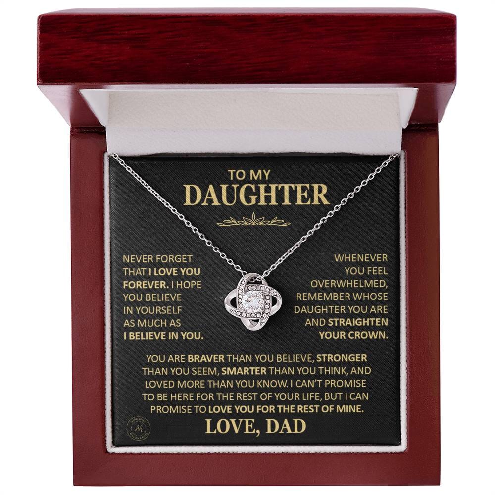 Beautiful Gift for Daughter From Dad "Never Forget That I Love You" Necklace Jewelry 14K White Gold Finish Mahogany Style Luxury Box (w/LED) 