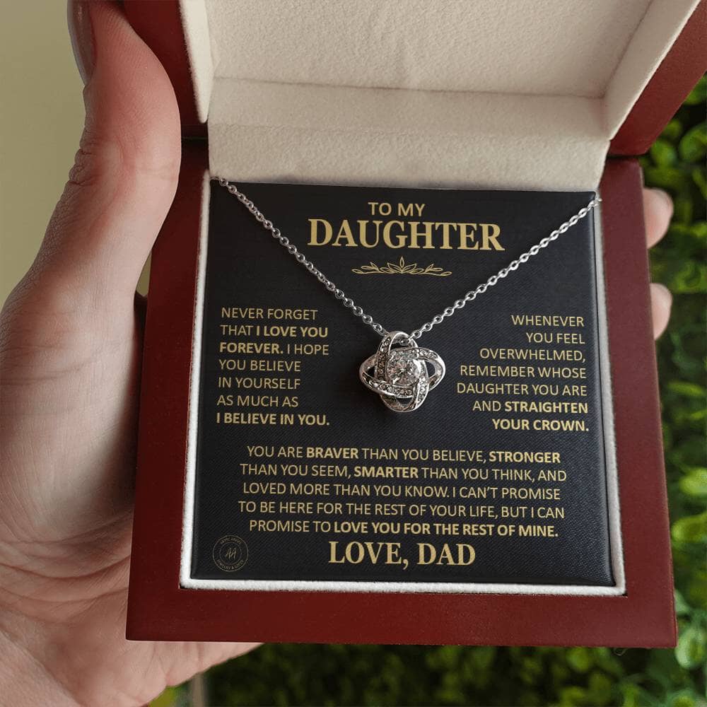 Beautiful Gift for Daughter From Dad "Never Forget That I Love You" Necklace Jewelry 14K White Gold Finish Mahogany Style Luxury Box (w/LED) 