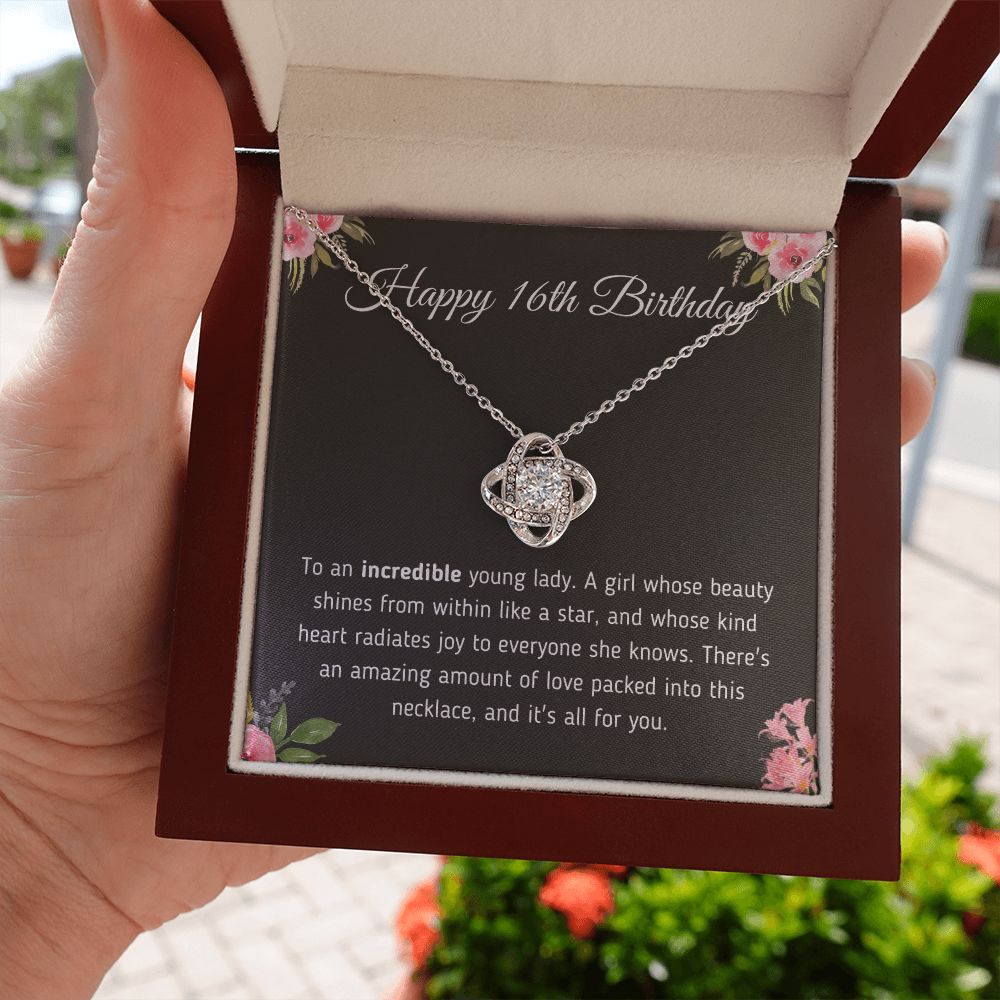 Happy 16th Birthday "Incredible Young Lady" Love Knot Necklace Jewelry 