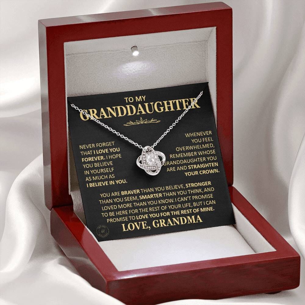 Beautiful Gift for Granddaughter From Grandma "Never Forget That I Love You" Necklace Jewelry 14K White Gold Finish Mahogany Style Luxury Box (w/LED) 