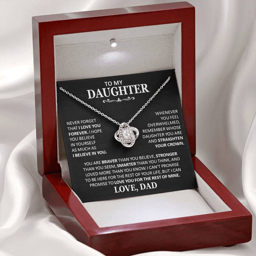 Unique Gift for Daughter From Dad "Never Forget That I Love You" Necklace Jewelry 14K White Gold Finish Mahogany Style Luxury Box (w/LED) 