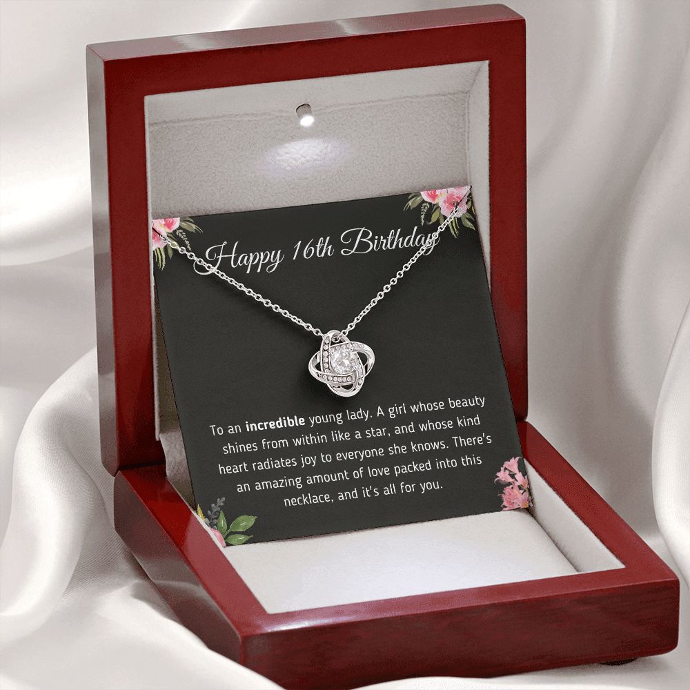 Happy 16th Birthday "Incredible Young Lady" Love Knot Necklace Jewelry 14K White Gold Finish Mahogany Style Luxury Box (w/LED) 