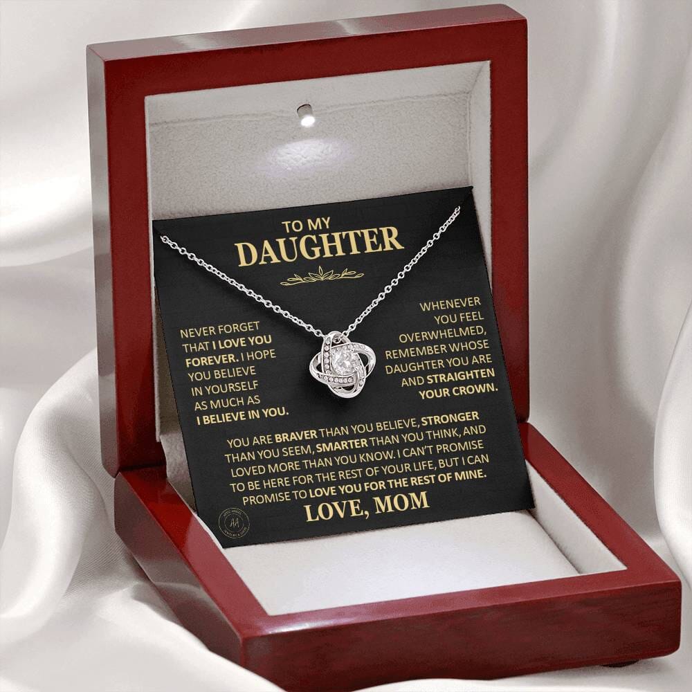 Unique Gift for Daughter From Mom "Never Forget That I Love You" Necklace Jewelry 14K White Gold Finish Mahogany Style Luxury Box (w/LED) 