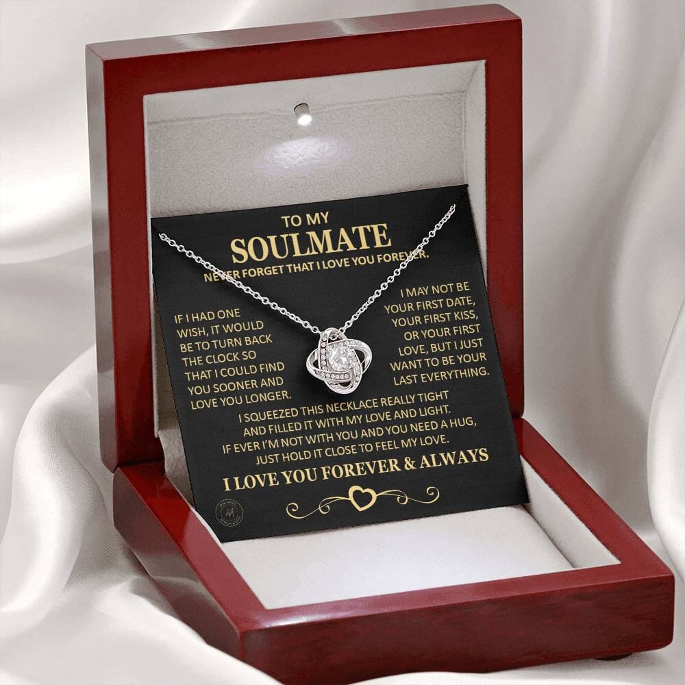 Gift for Soulmate "If I Had One Wish" Gold Knot Necklace Jewelry 14K White Gold Finish Mahogany Style Luxury Box w/ LED Light (Most Popular) 