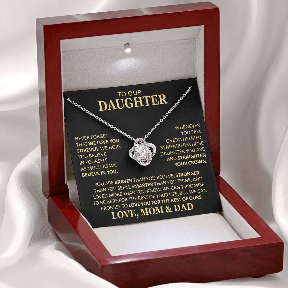 Beautiful Gift for Daughter From Mom and Dad "Never Forget That We Love You" Necklace Jewelry 14K White Gold Finish Mahogany Style Luxury Box (w/LED) 
