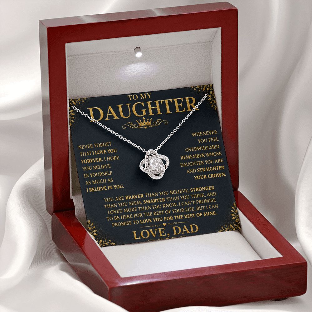 To My Daughter “Straighten Your Crown” Knot Necklace Gift From Dad Jewelry 14K White Gold Finish Mahogany Style Luxury Box (w/LED) 