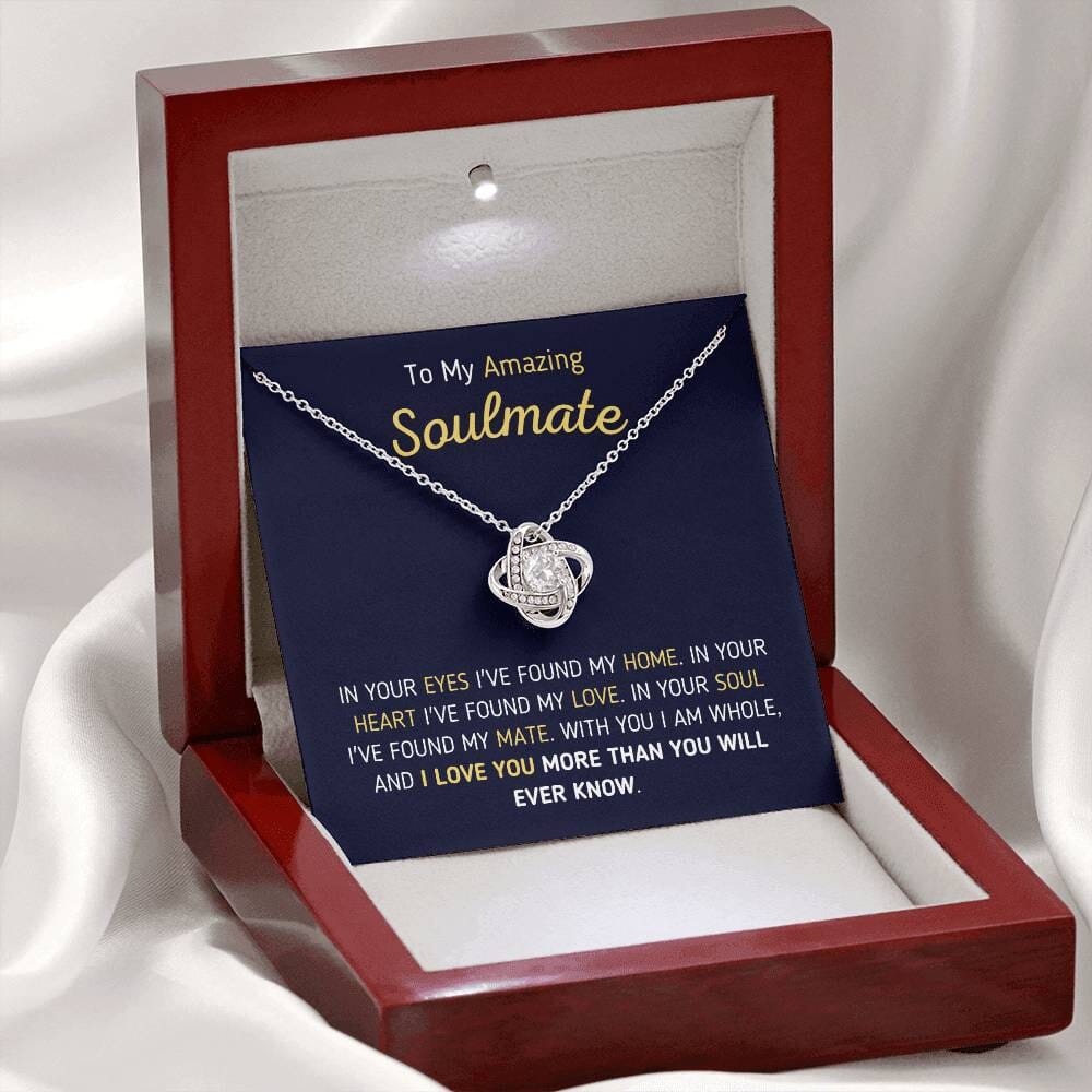 Unique Soulmate Gift "To My Amazing Soulmate - In Your Eyes I've Found My Home" Knot Necklace Jewelry 14K White Gold Finish Mahogany Style Luxury Box (w/LED) 