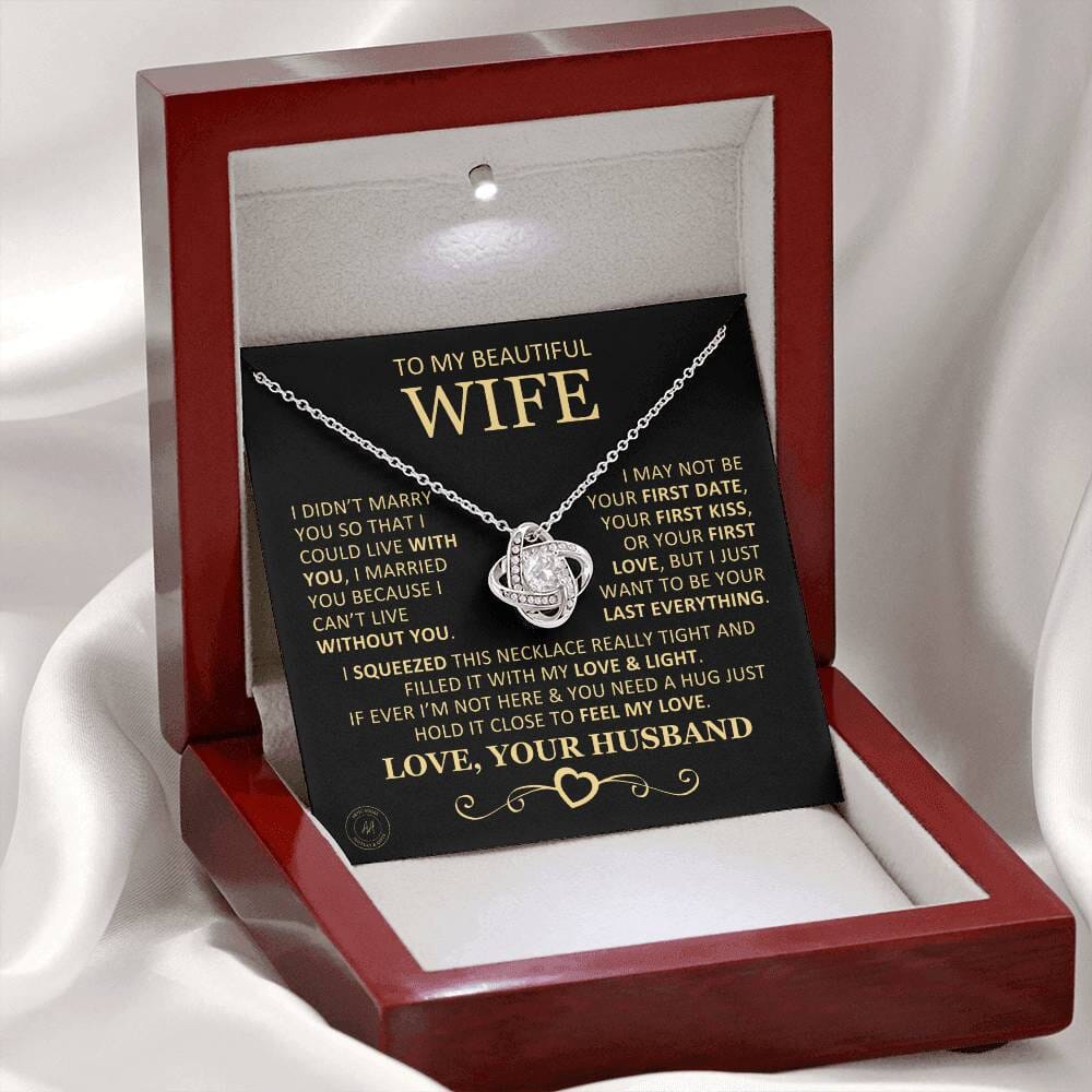 Unique Gift for Wife "I Can't Live Without You" Knot Necklace Jewelry 14K White Gold Finish Mahogany Style Luxury Box (w/LED) 