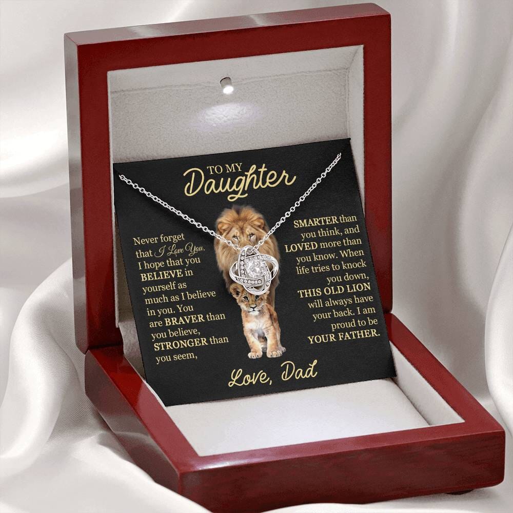 Beautiful Gift for Daughter from Dad "This Old Lion" Necklace Jewelry 14K White Gold Finish Mahogany Style Luxury Box w/LED Light (Most Popular) 