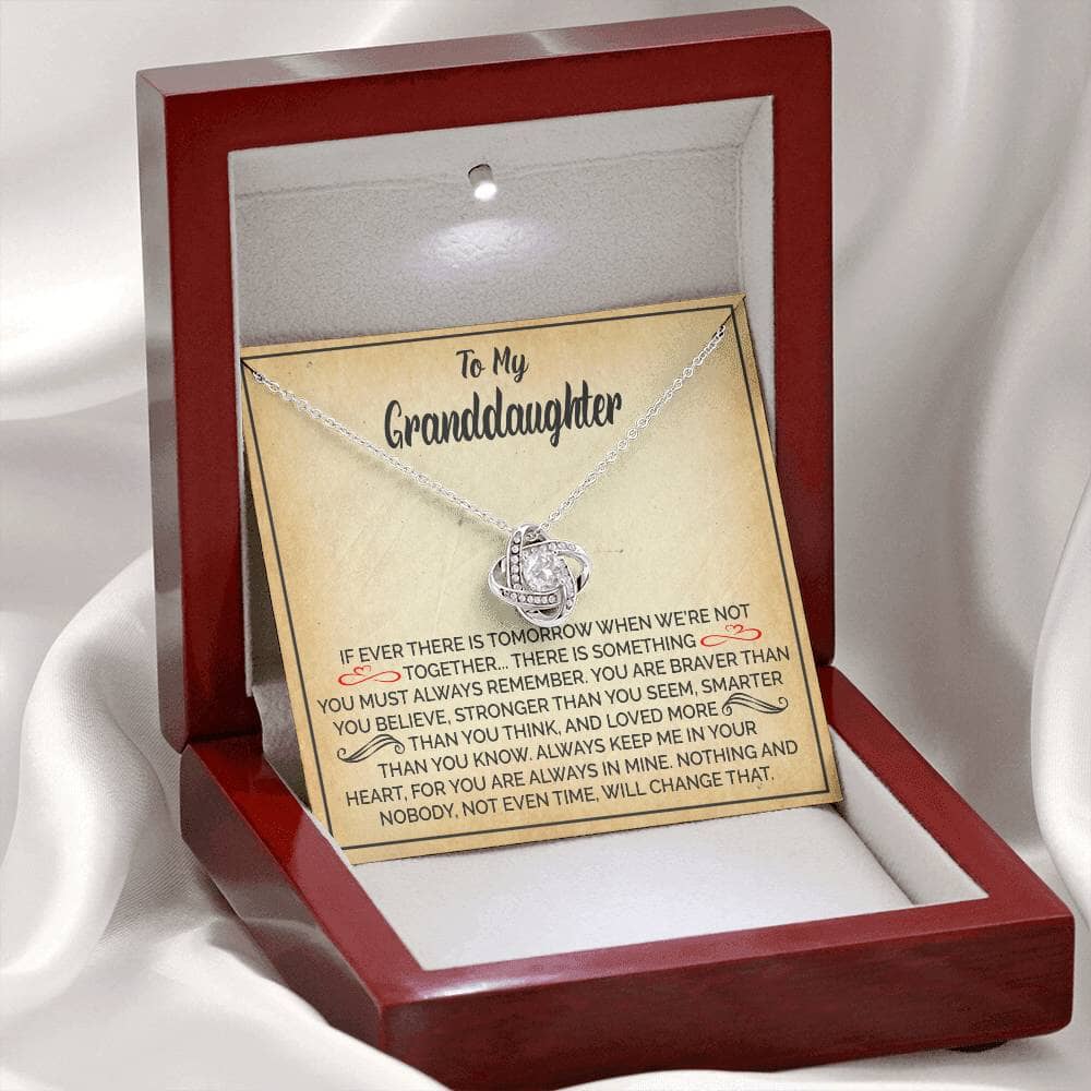 Gift For Granddaughter "To My Granddaughter - Always Keep Me In Your Heart" Knot Necklace Jewelry 14K White Gold Finish Mahogany Style Luxury Box (w/LED) 