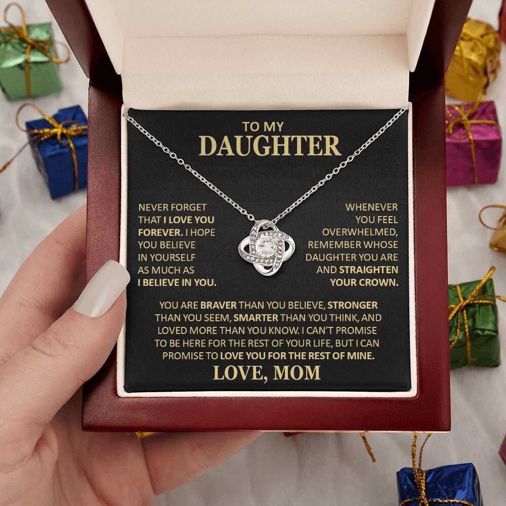 Beautiful Gift for Daughter From Mom "Never Forget That I Love You" Necklace Jewelry 14K White Gold Finish Mahogany Style Luxury Box (w/LED) 