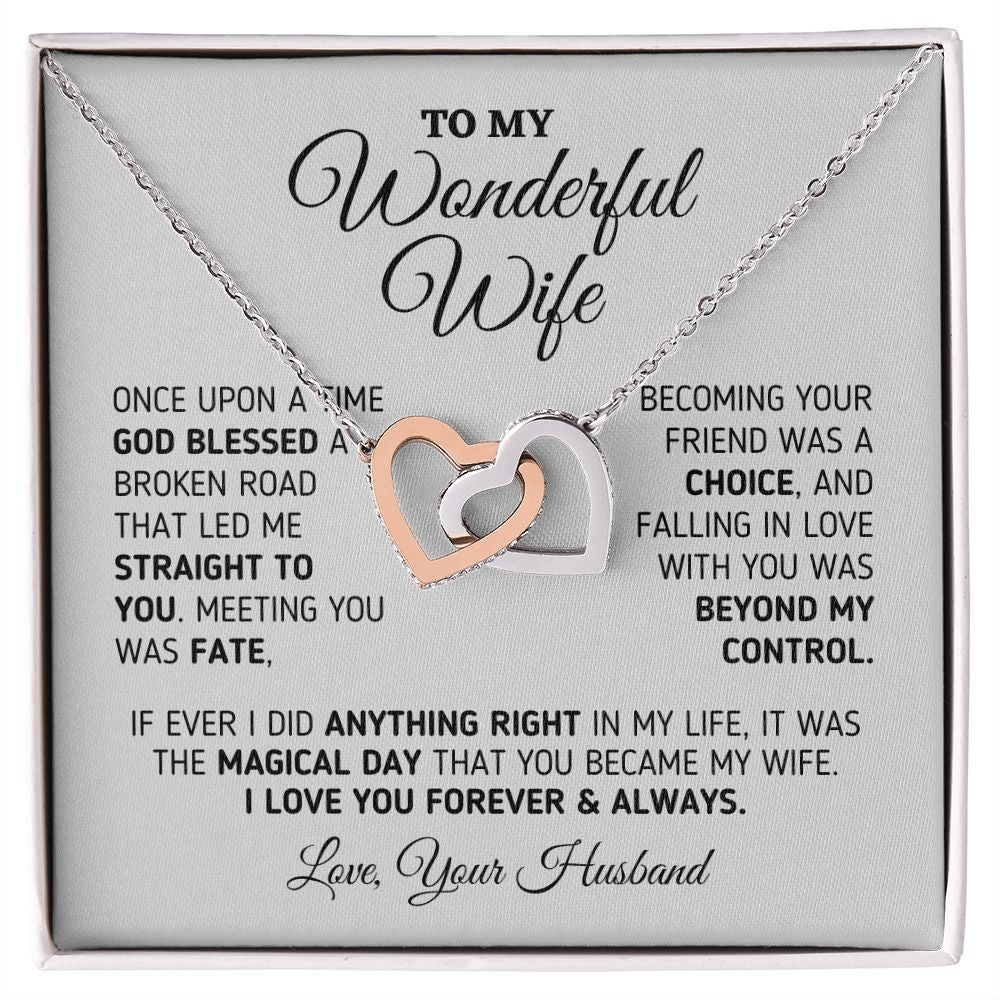 Gift for Wife "The Magical Day" Interlocking Hearts Necklace Jewelry 14K White Gold Finish Two-Toned Gift Box 