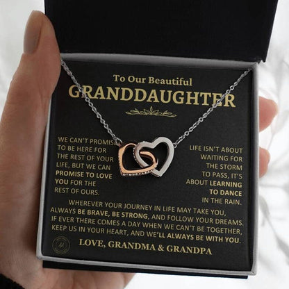 Gift for Granddaughter From Grandma and Grandpa "Keep Us In Your Heart" Interlocking Hearts Necklace Jewelry Polished Stainless Steel & Rose Gold Finish Two-Toned Gift Box 