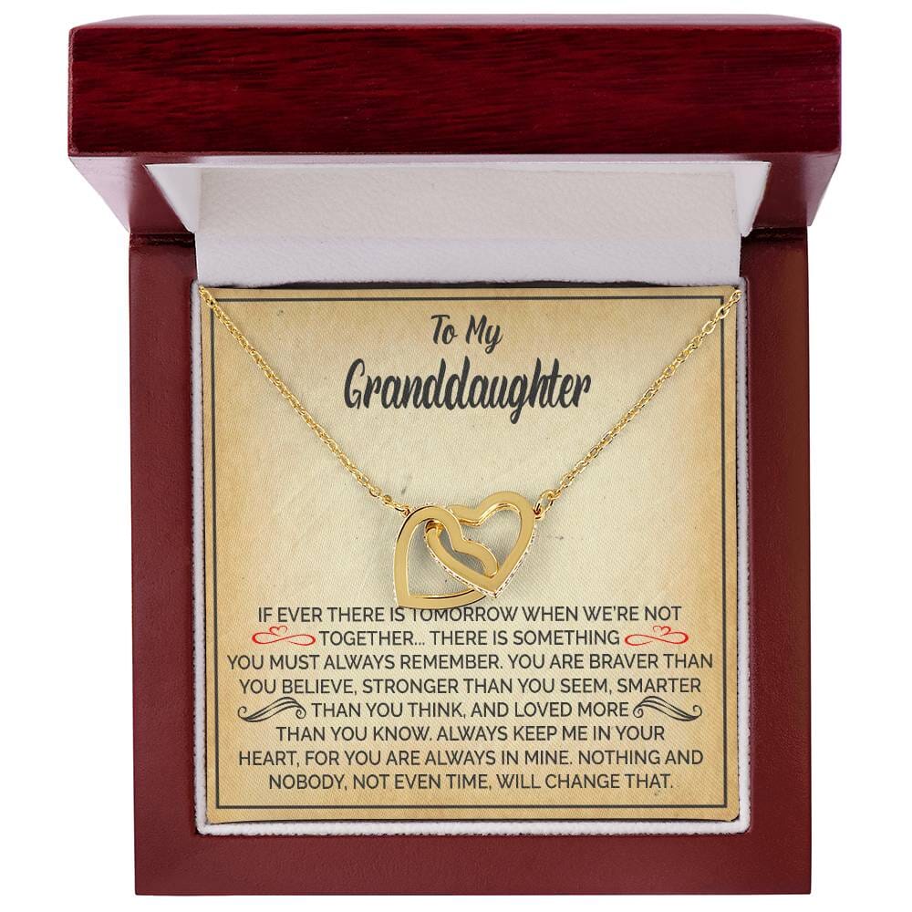 Beautiful Gift for Granddaughter "Keep Me In Your Heart" Interlocking Hearts Necklace Jewelry 18K Yellow Gold Finish Mahogany Style Luxury Box (w/LED Light) 