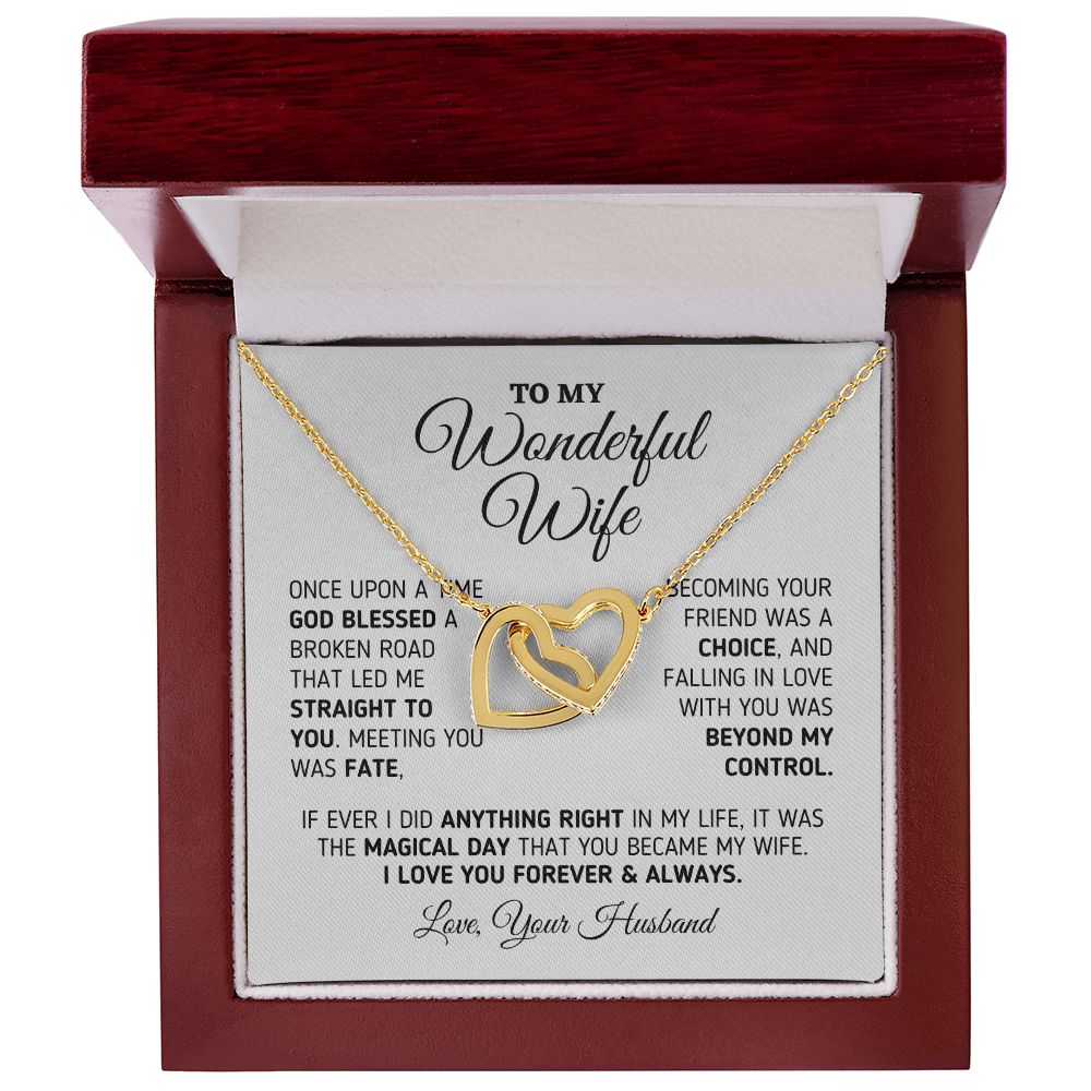 Gift for Wife "The Magical Day" Interlocking Hearts Necklace Jewelry 18K Yellow Gold Finish Mahogany Style Luxury Box (w/LED) 