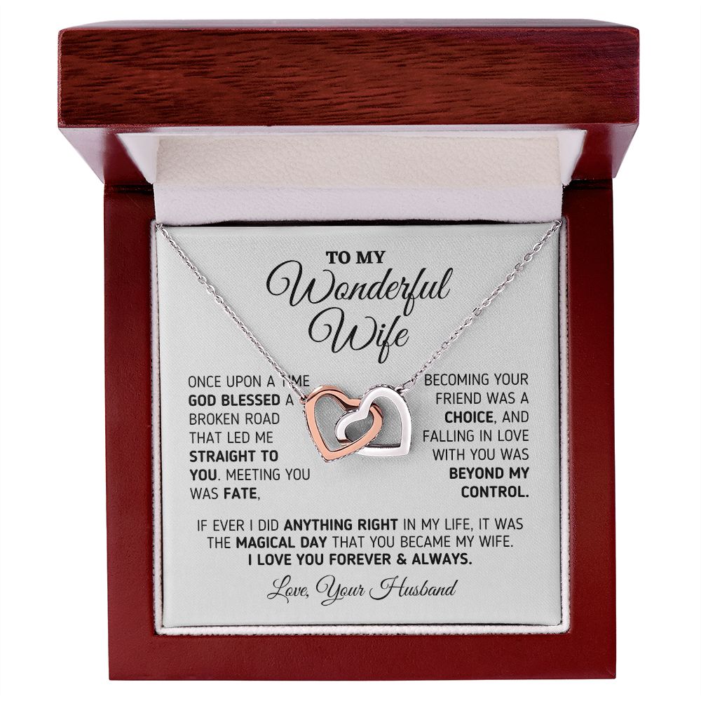 Gift for Wife "The Magical Day" Interlocking Hearts Necklace Jewelry 14K White Gold Finish Mahogany Style Luxury Box (w/LED) 