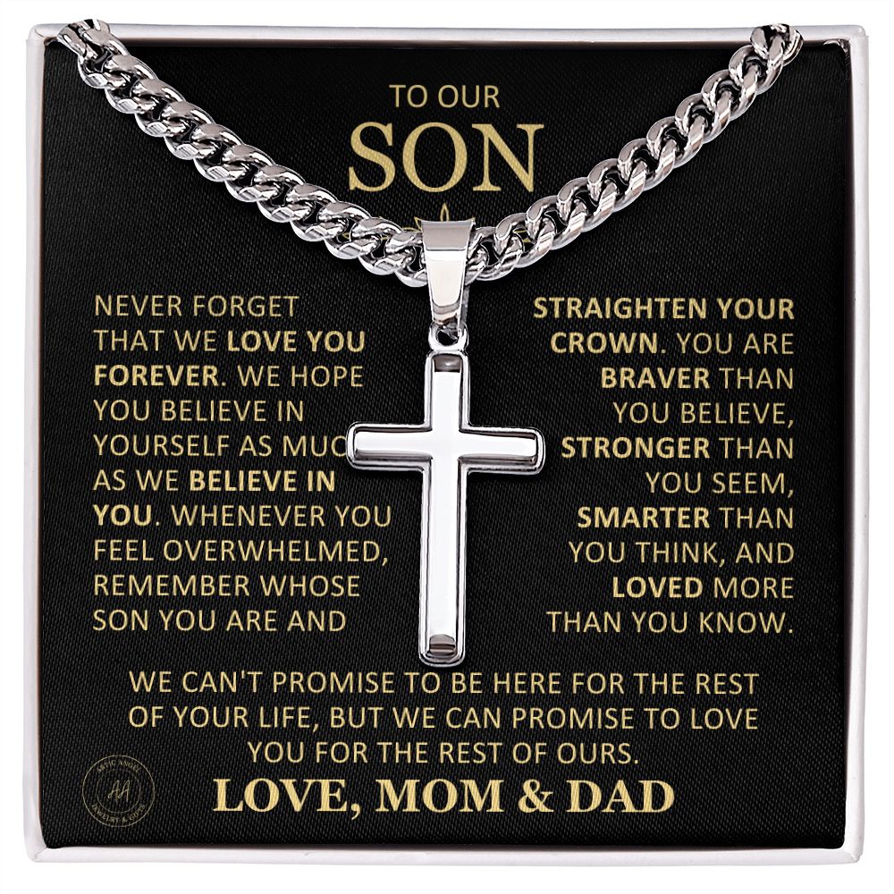 Beautiful Gift for Son From Mom and Dad "Never Forget That We Love You" Cross Necklace On Cuban Chain Jewelry Two-Toned Gift Box 