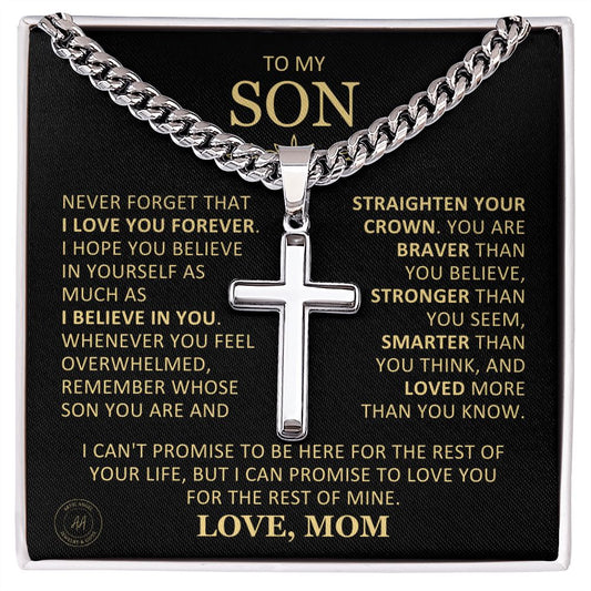 Beautiful Gift for Son From Mom "Never Forget That I Love You" Cross Necklace On Cuban Chain Jewelry Two-Toned Gift Box 