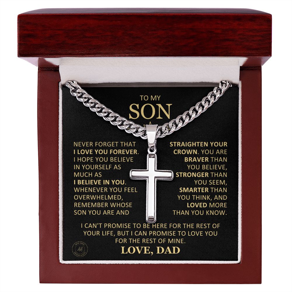 Beautiful Gift for Son From Dad "Never Forget That I Love You" Cross Necklace On Cuban Chain Jewelry Mahogany Style Luxury Box (w/LED) 