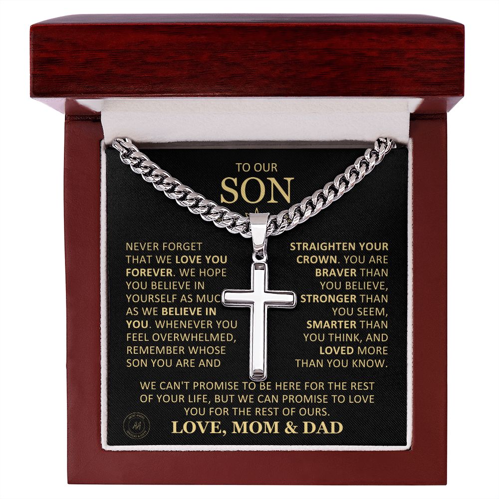 Beautiful Gift for Son From Mom and Dad "Never Forget That We Love You" Cross Necklace On Cuban Chain Jewelry Mahogany Style Luxury Box (w/LED) 