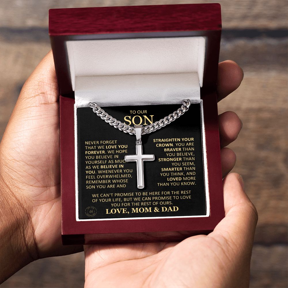 Beautiful Gift for Son From Mom and Dad "Never Forget That We Love You" Cross Necklace On Cuban Chain Jewelry 