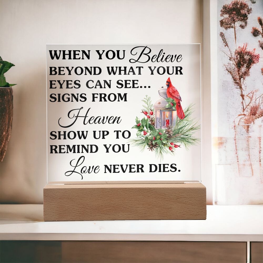 Beautiful "Love Never Dies" Remembrance Acrylic Plaque With Cardinal Jewelry Wooden Base 