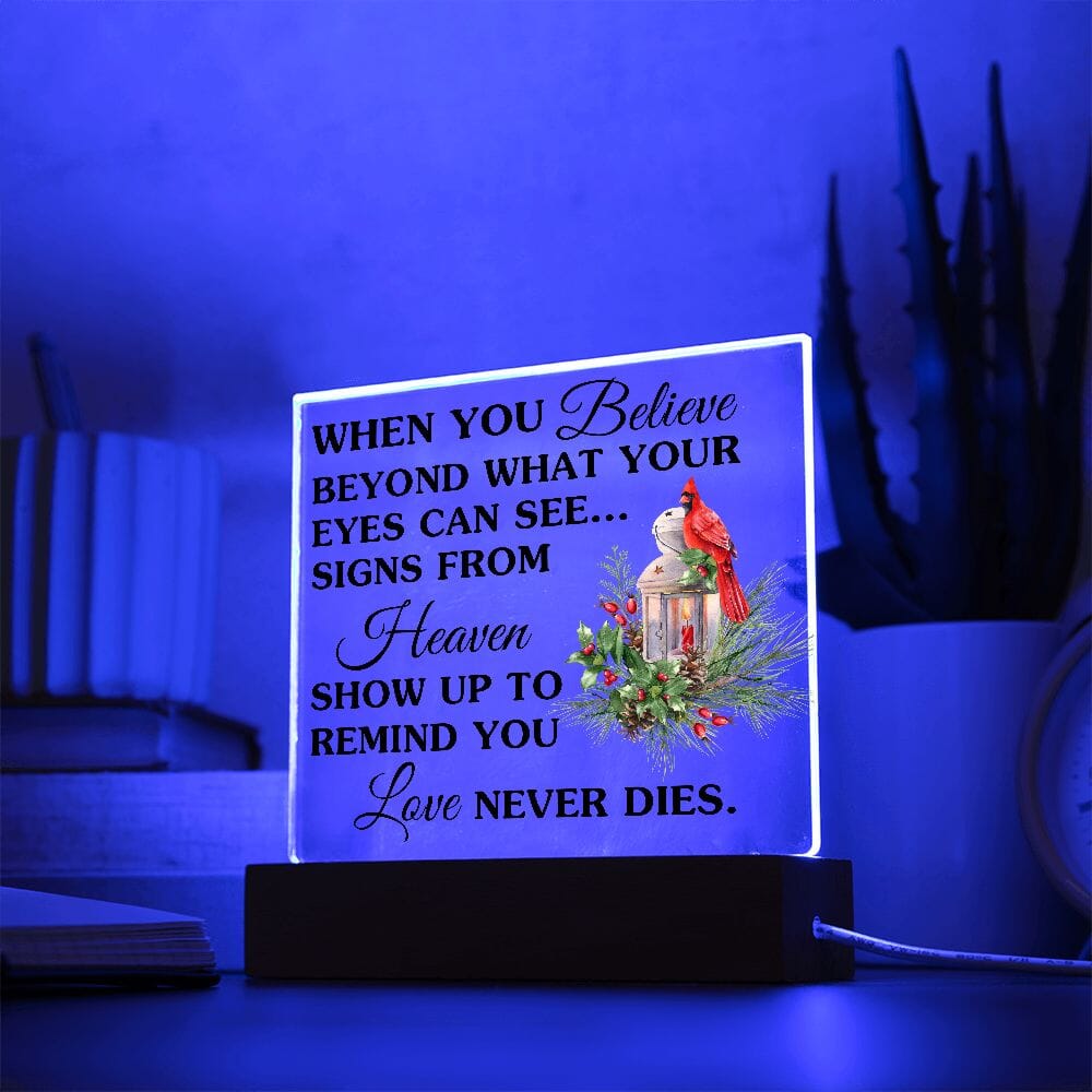 Beautiful "Love Never Dies" Remembrance Acrylic Plaque With Cardinal Jewelry Acrylic Square with LED Base 