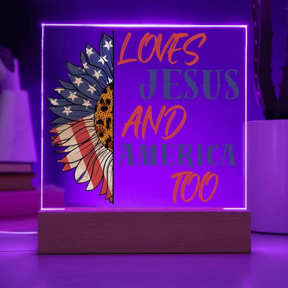 Beautiful "Loves Jesus and America Too" Acrylic Plaque Jewelry Acrylic Square with LED Base 