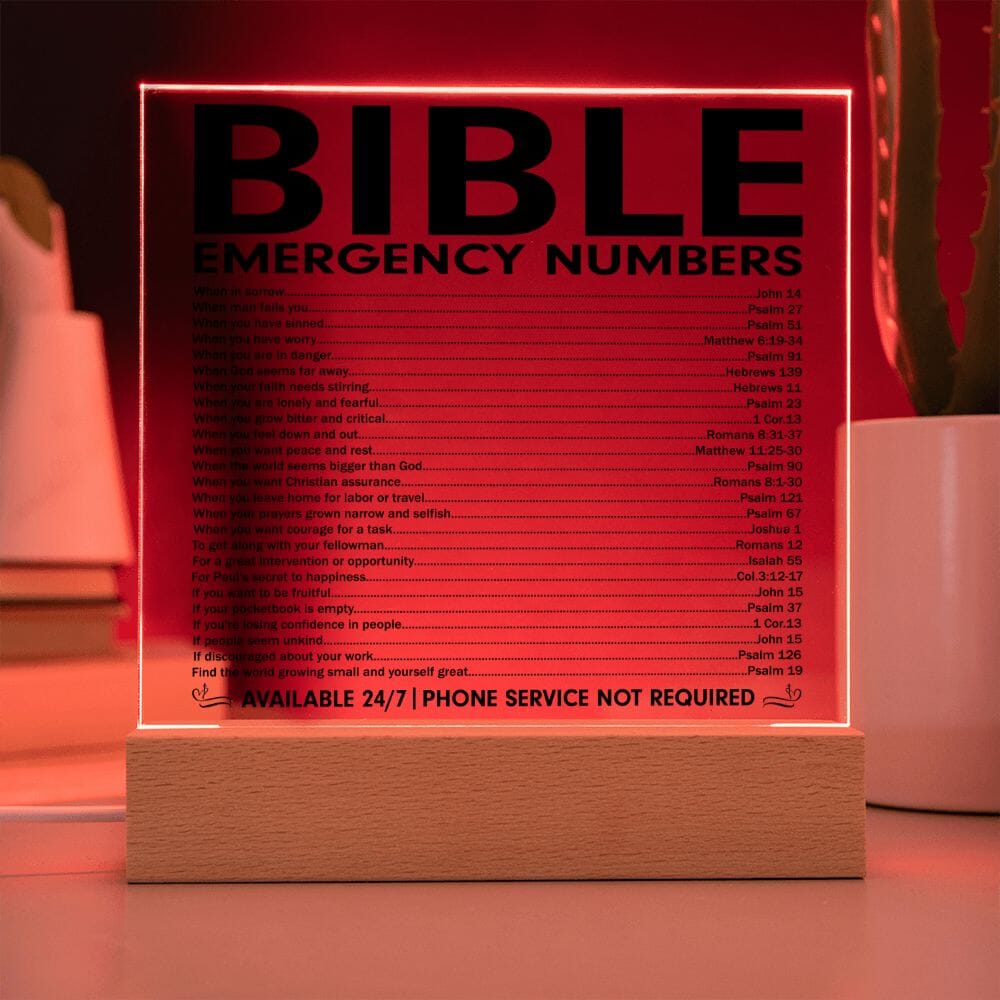 Powerful "Bible Emergency Numbers" Acrylic Plaque: An Unforgettable and Exclusive Keepsake Jewelry Acrylic Square with LED Base 