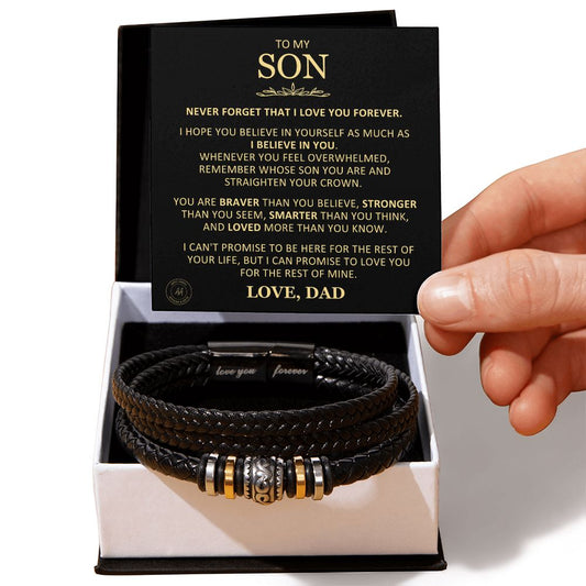 Unique Gift for Son From Dad "Never Forget That I Love You" Braided Bracelet Jewelry Two-Toned Gift Box 