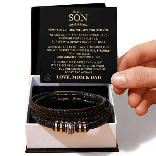 Unique Gift for Son From Mom and Dad "You Are Love Beyond Measure" Braided Bracelet Jewelry Two-Toned Gift Box 