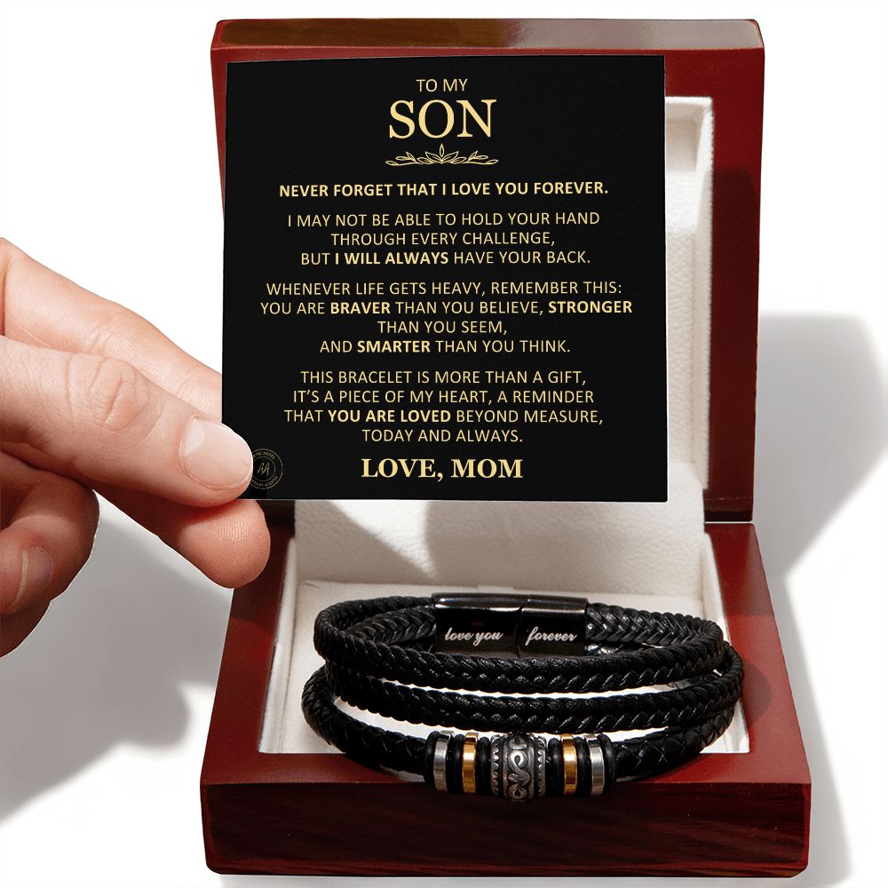 Unique Gift for Son From Mom "You Are Love Beyond Measure" Braided Bracelet Jewelry Mahogany Style Luxury Box (w/LED) 