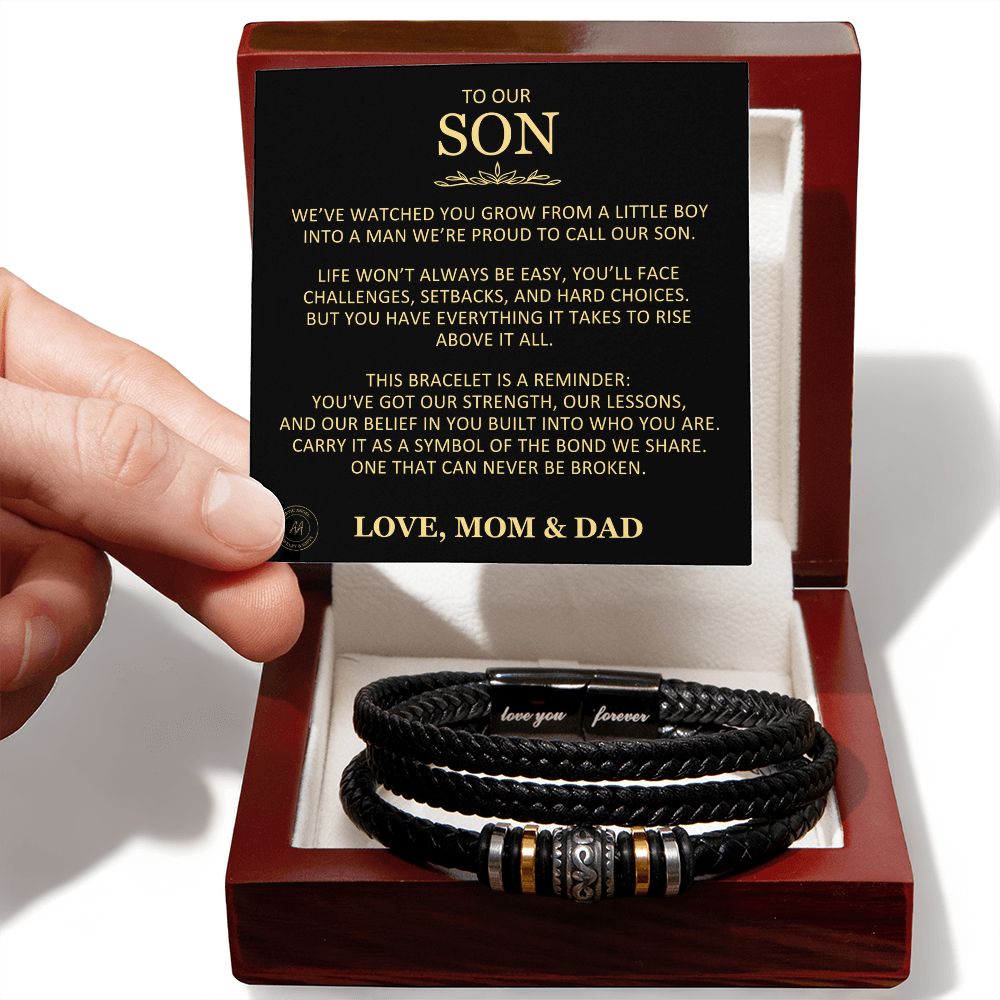 Unique Gift for Son From Mom and Dad "We're Proud To Call You Our Son" Braided Bracelet Jewelry Luxury Box w/LED 