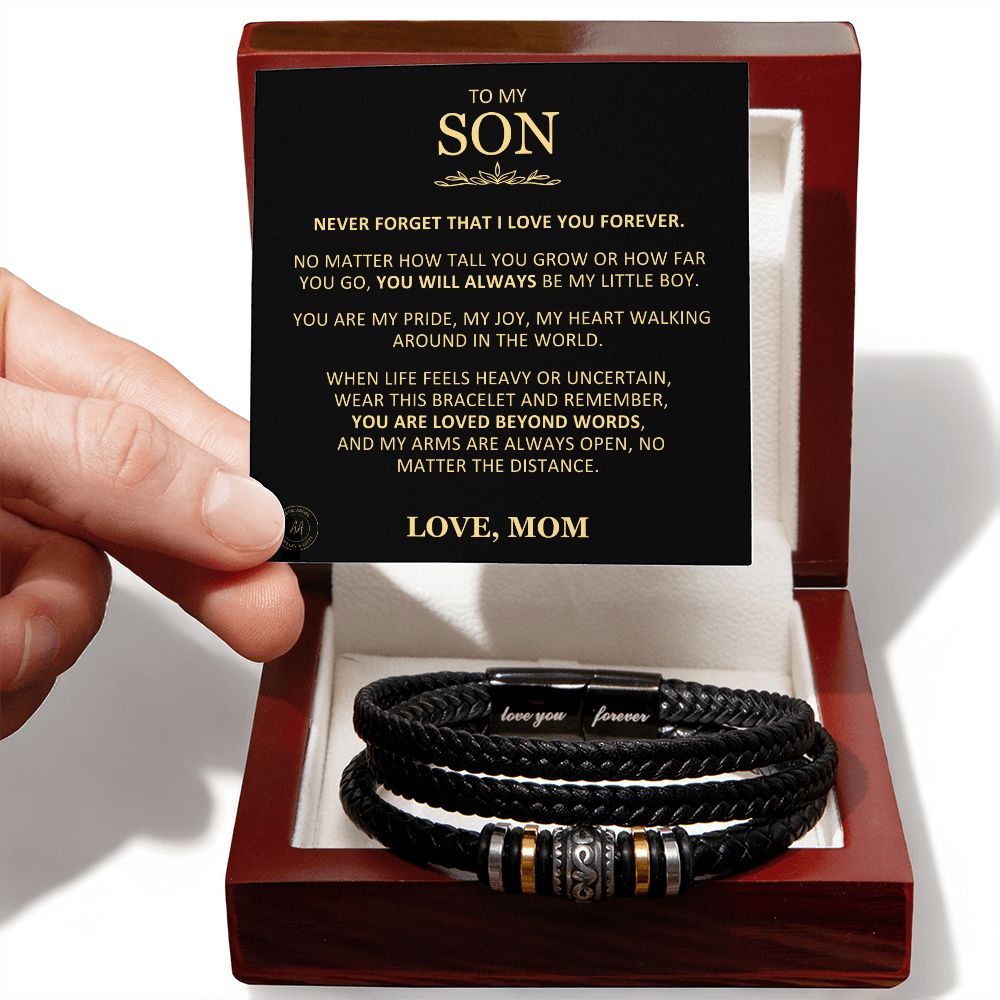 Unique Gift for Son From Mom "You Will Always Be My Little Boy" Braided Bracelet Jewelry Mahogany Style Luxury Box (w/LED) 