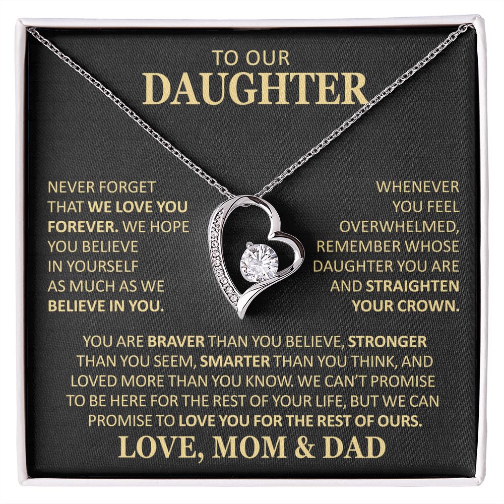 Beautiful Gift for Daughter From Mom and Dad "Never Forget That We Love You" Heart Necklace Jewelry 14k White Gold Finish Two-Toned Gift Box 